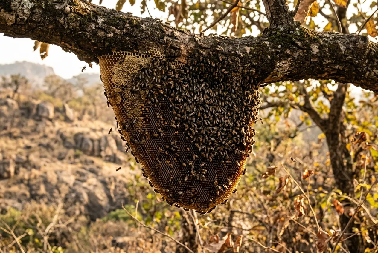 A natural wild honeycomb hanging from a tree branch in a dry Rayalaseema forest